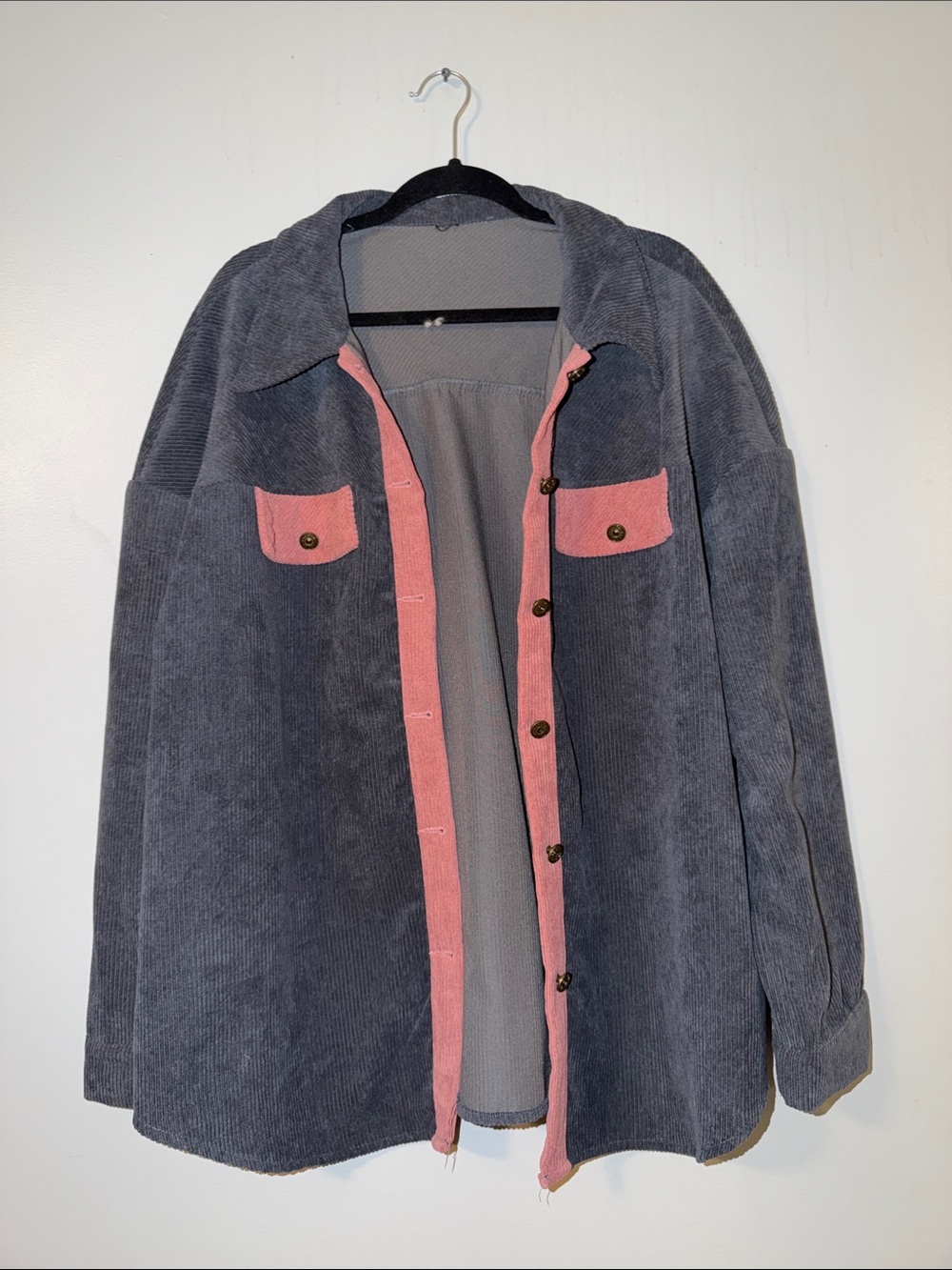 Grayish/blue and Pink Corduroy Teddy Shacket Jacket oversized
